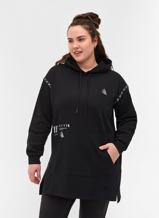 Long sweatshirt with slits and pocket, Black, Model image number 0