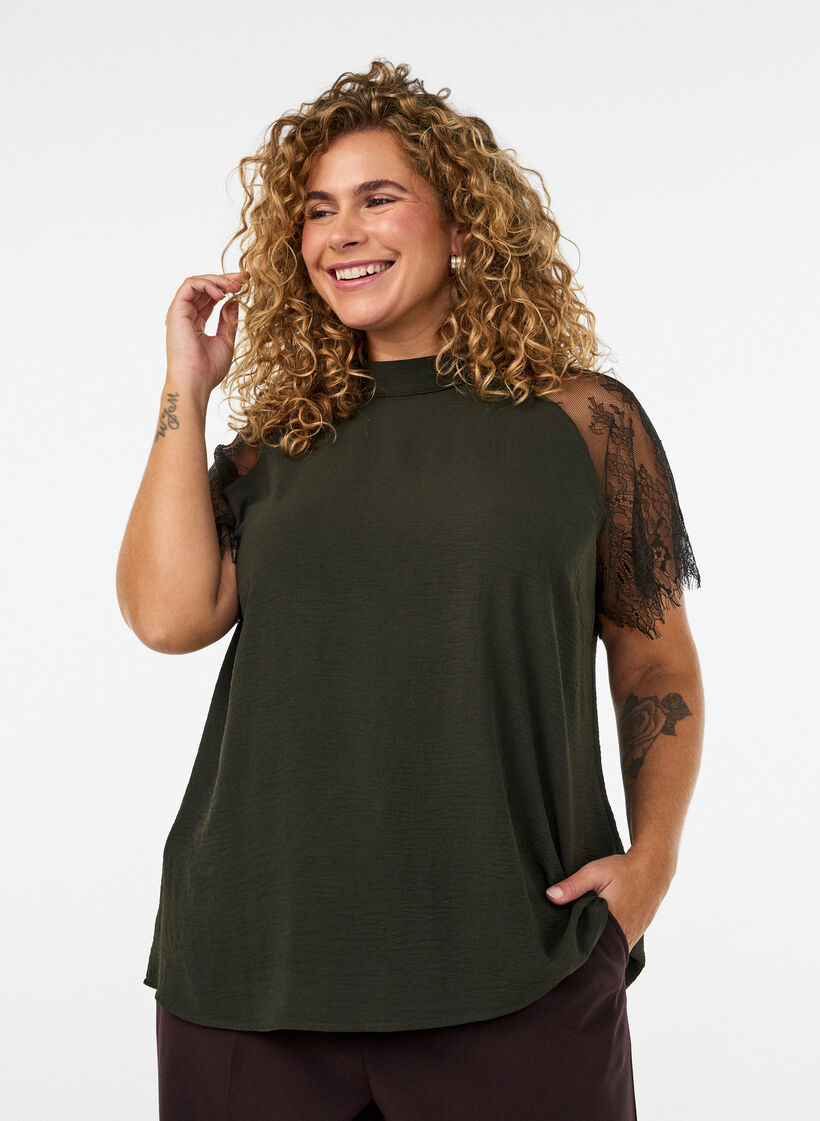 Blouse with short lace sleeves and high neck, Green, Model image number 0