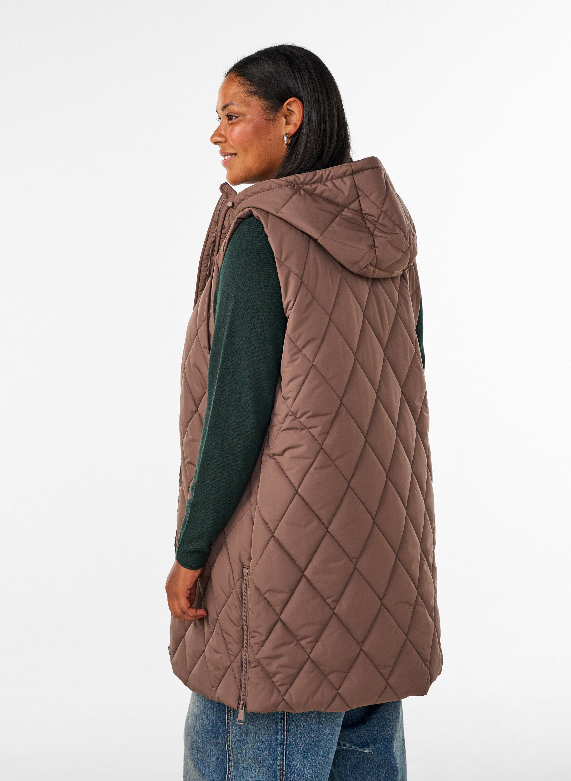 ZizzifashionMid-length quilted gilet with hood, Brown, Model image number 2