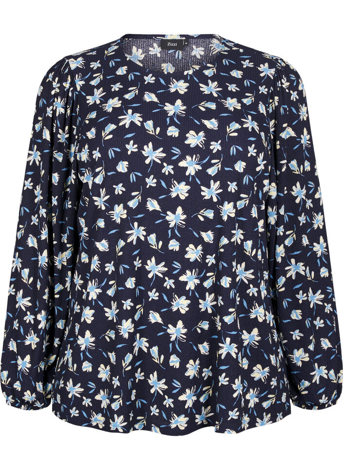 Blouse with long sleeves and floral print, Blue, Packshot image number 0