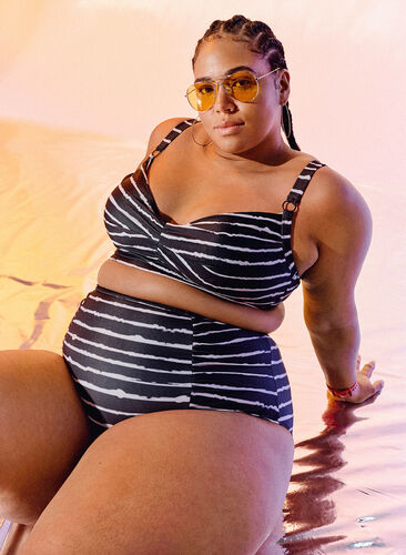 High-waisted striped bikini bottoms, Black White Stripe, Image image number 0