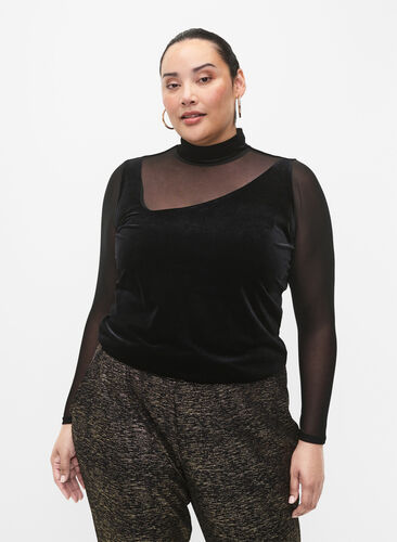 Velvet blouse with long mesh sleeves	, Black, Model image number 0