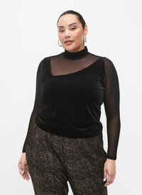 Velvet blouse with long mesh sleeves	, Black, Model