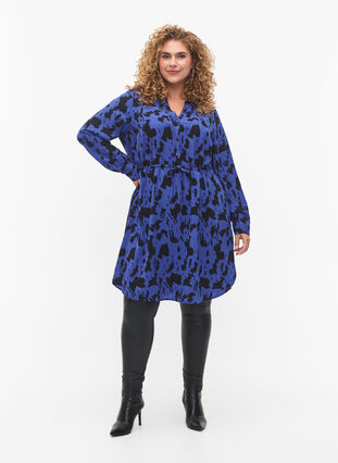 Printed dress with drawstring at the waist, Black Blue AOP, Model image number 2
