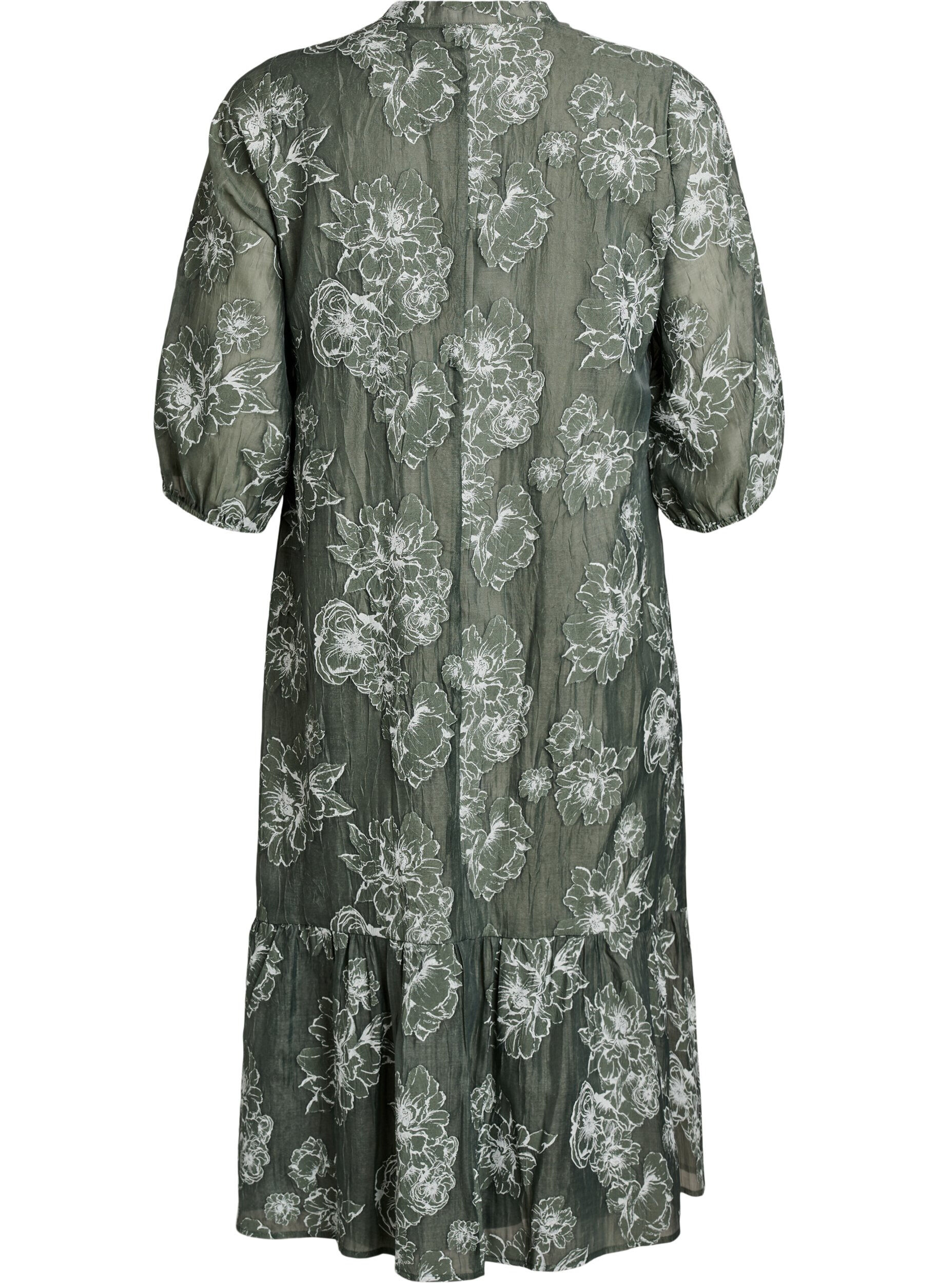 Zizzifashion Midi dress with a floral print and sheer 3/4 sleeves, Green, Packshot image number 1