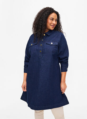 Denim dress with A-shape and buttons, Dark Blue Denim, Model image number 0