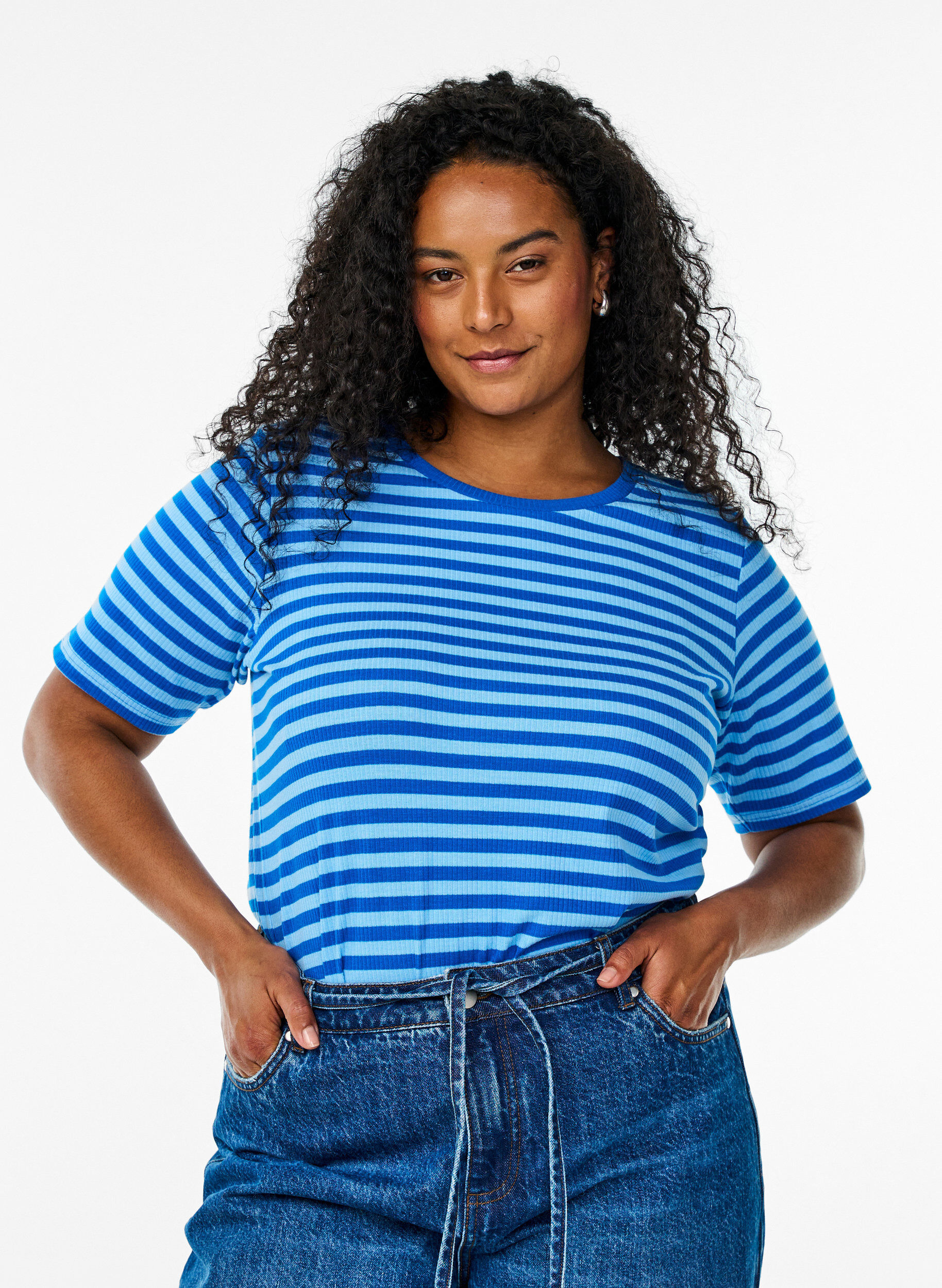 ZizzifashionStriped T-shirt with ribbed texture, Light Blue, Model image number 0