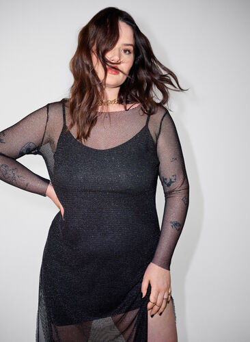 Net dress with long sleeves, Black w. Silver, Image image number 0