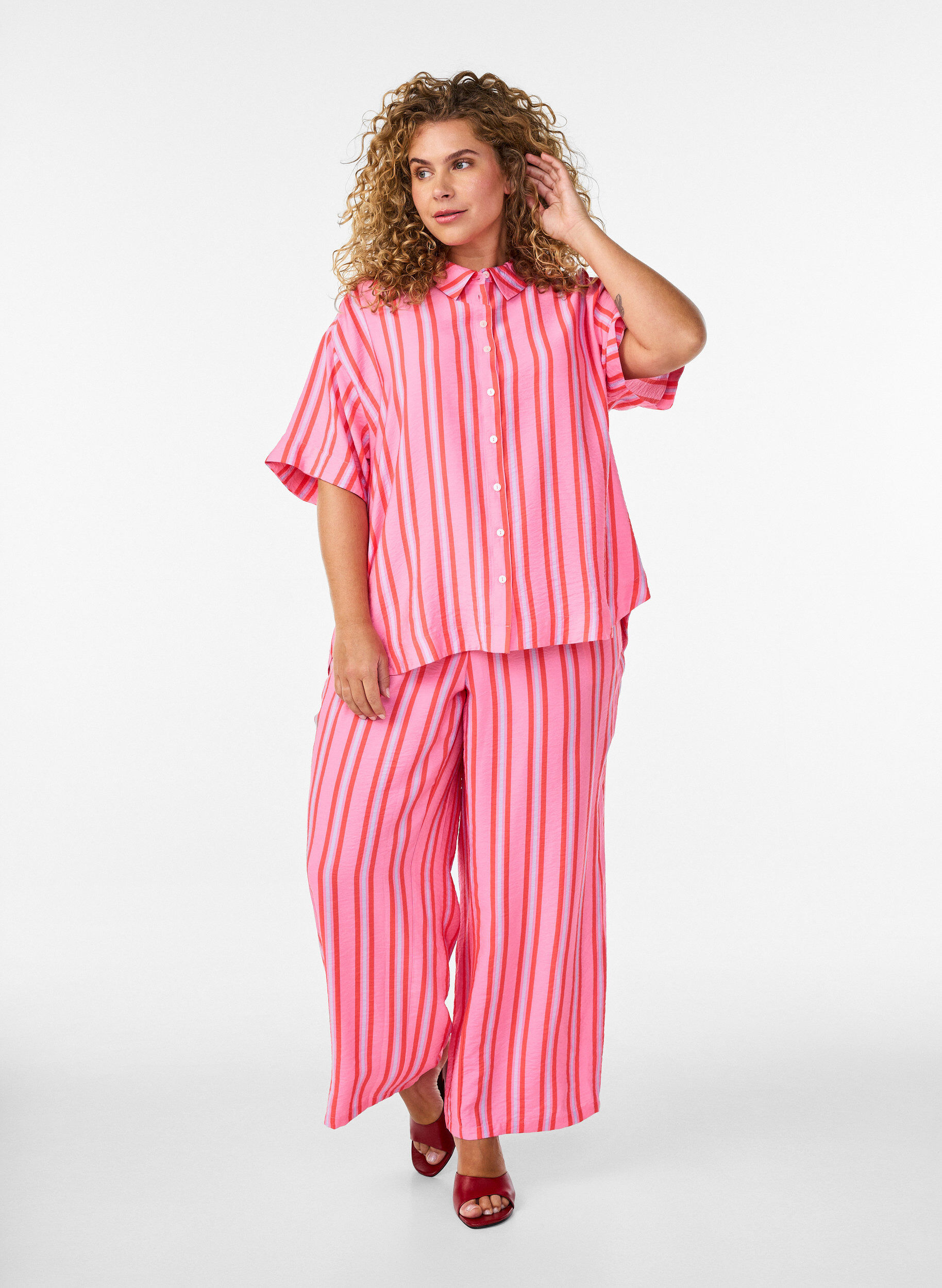 ZizzifashionStriped viscose shirt with short sleeves, Pink, Model image number 1