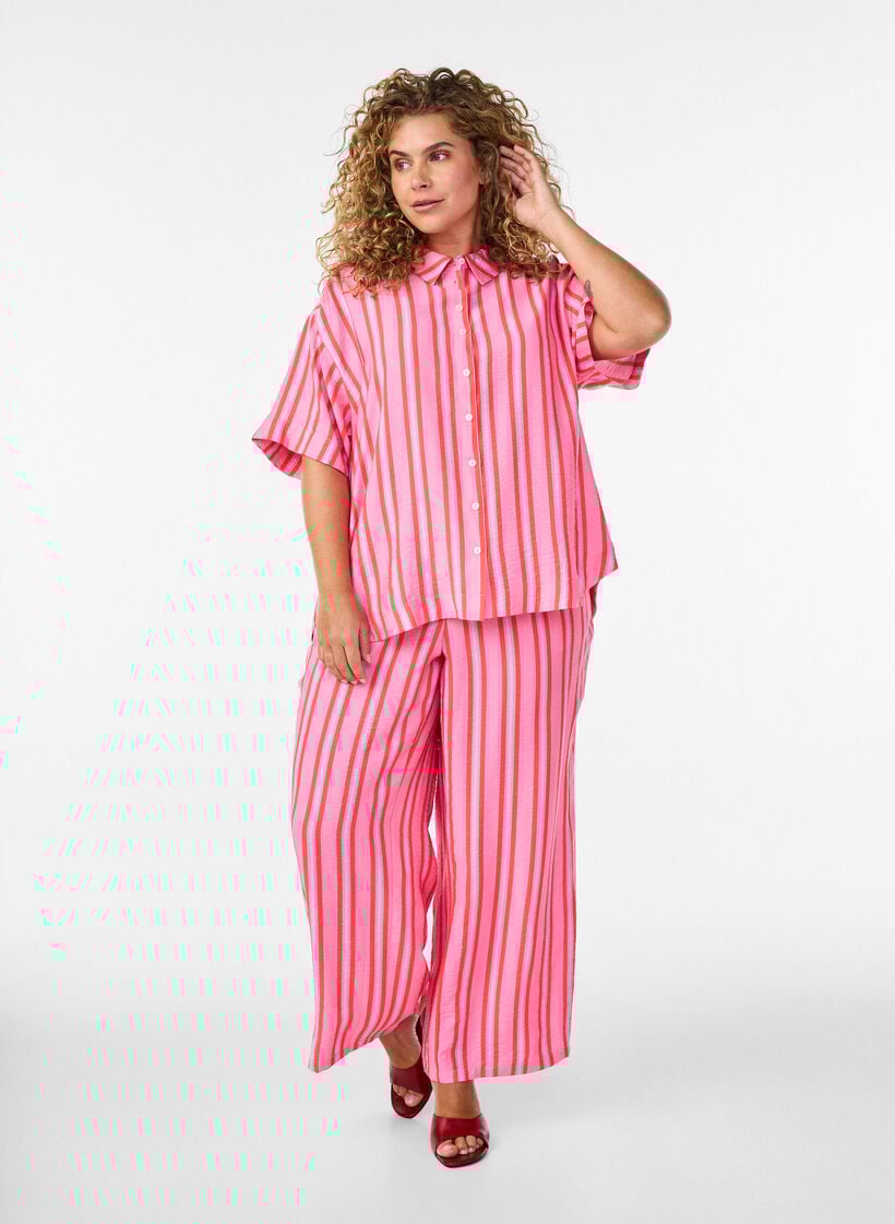 Striped viscose shirt with short sleeves, Pink, Model image number 1