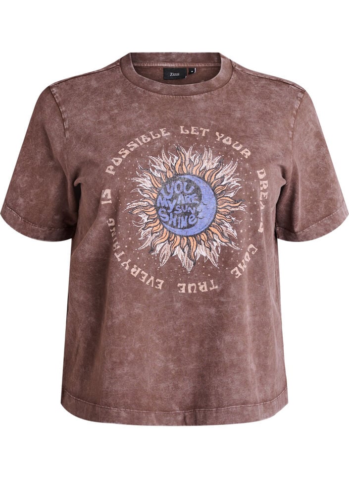 Cotton T-shirt with front print, Brown, Packshot image number 0