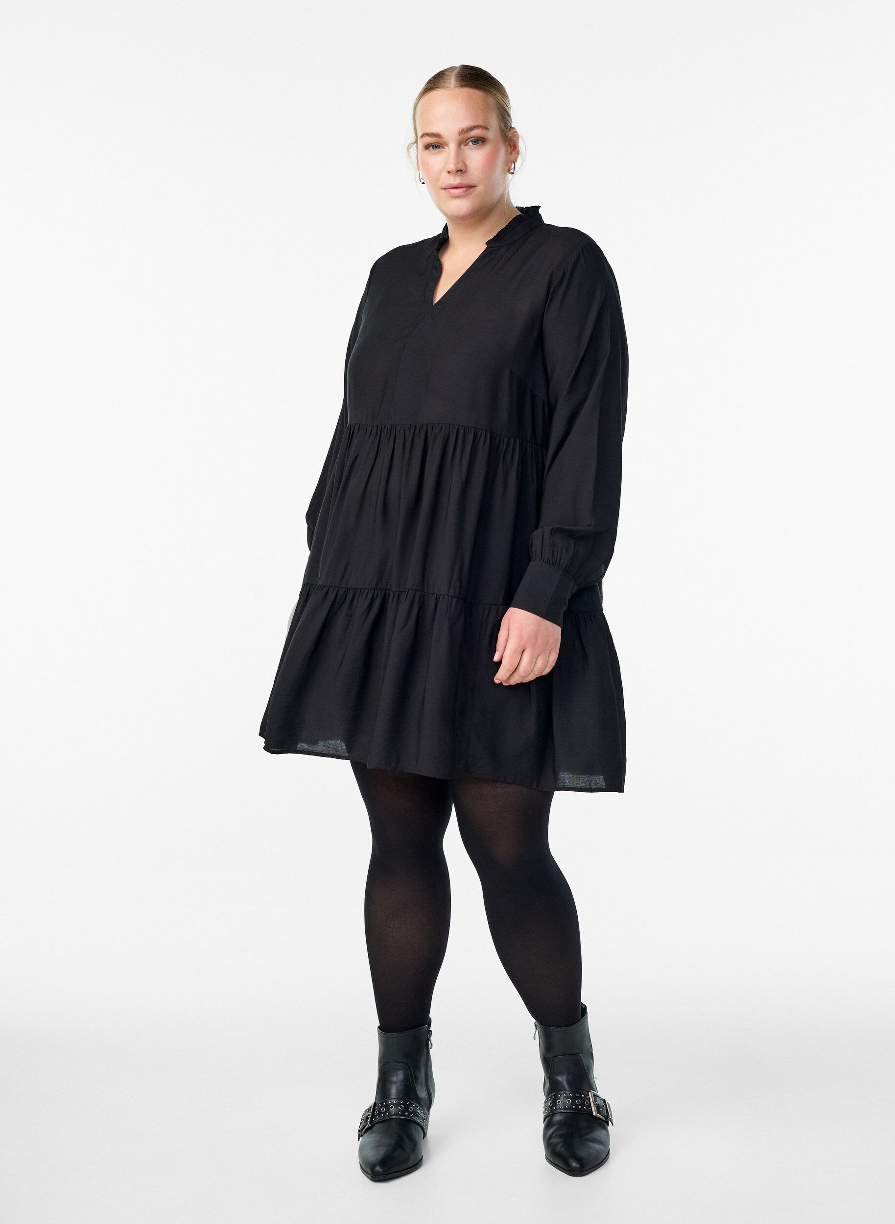 Zizzifashion A-line dress with ruffle collar, Black, Model image number 1