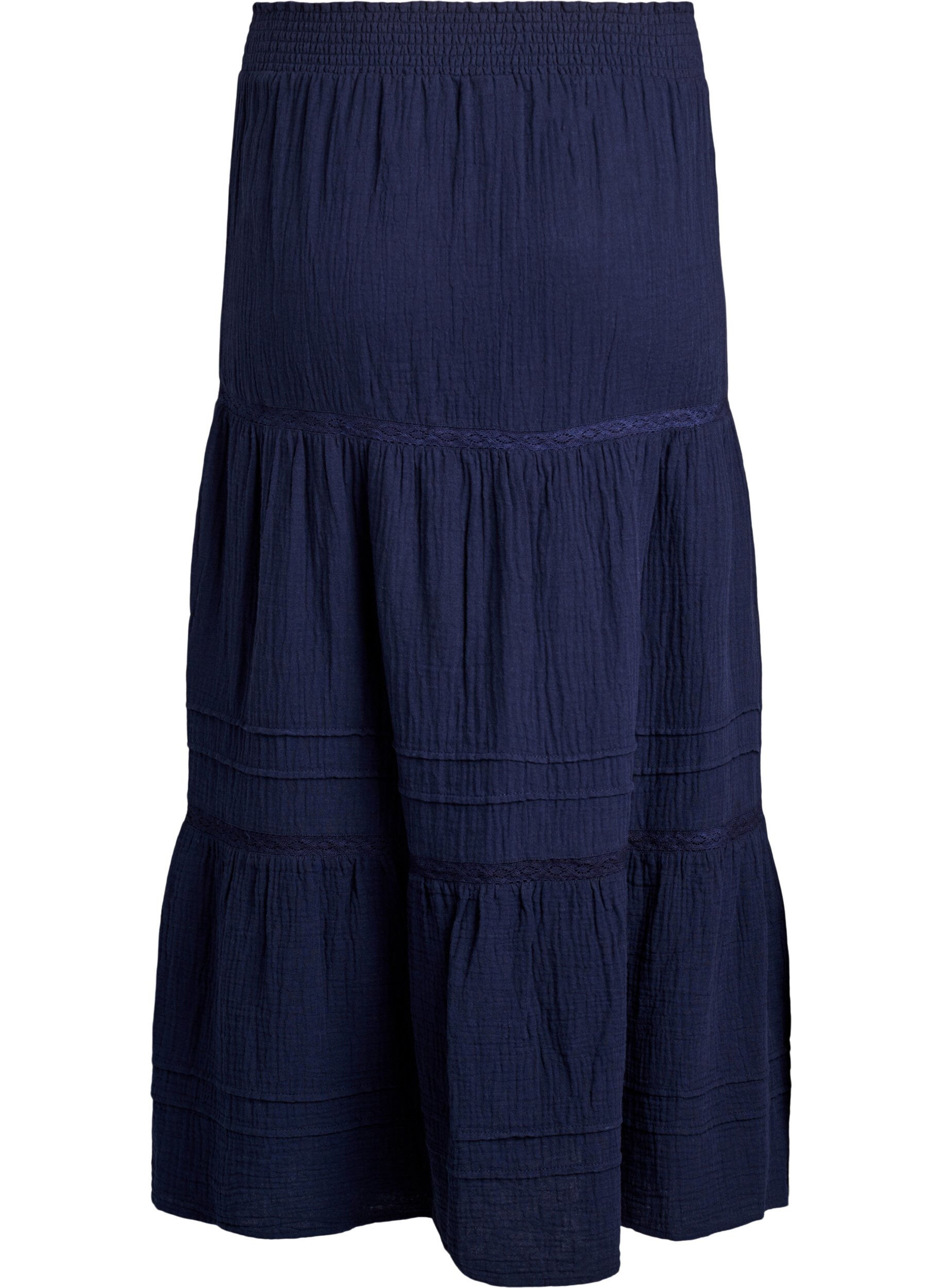 ZizzifashionA-line midi skirt in cotton muslin with crochet band, Blue, Packshot image number 1