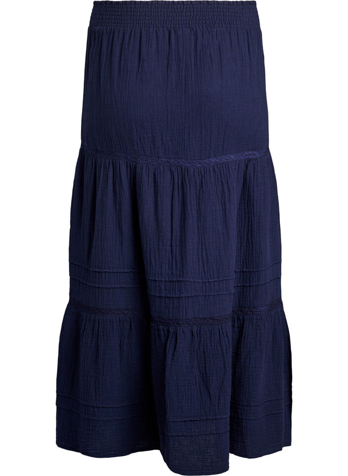 A-line midi skirt in cotton muslin with crochet band, Blue, Packshot image number 1