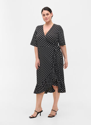 Printed short-sleeved wrap dress, Black Dot, Model image number 2