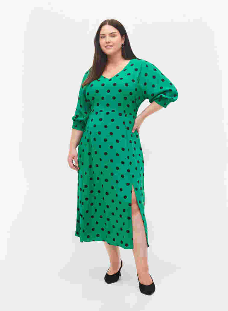Polka dot viscose midi dress, Jolly Green Dot AOP, Model image number 3