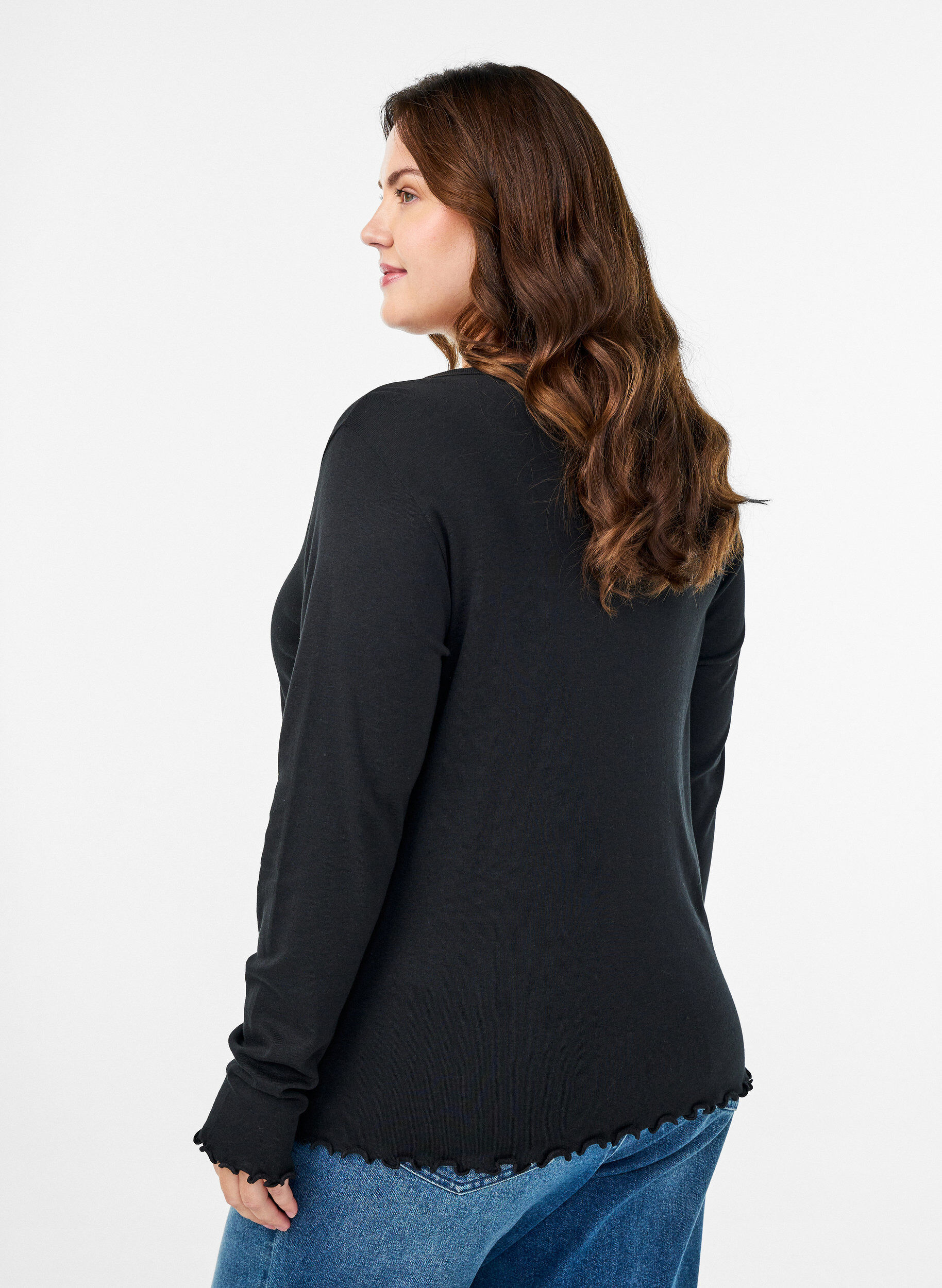 Zizzifashion Jersey blouse with buttons and wavy edges, Black, Model image number 2