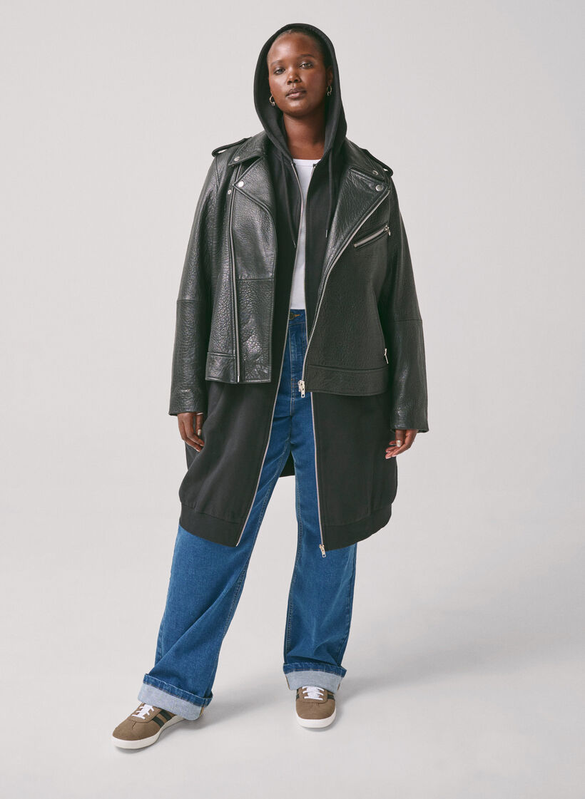 Long cotton sweat cardigan with hood, Black, Image image number 0