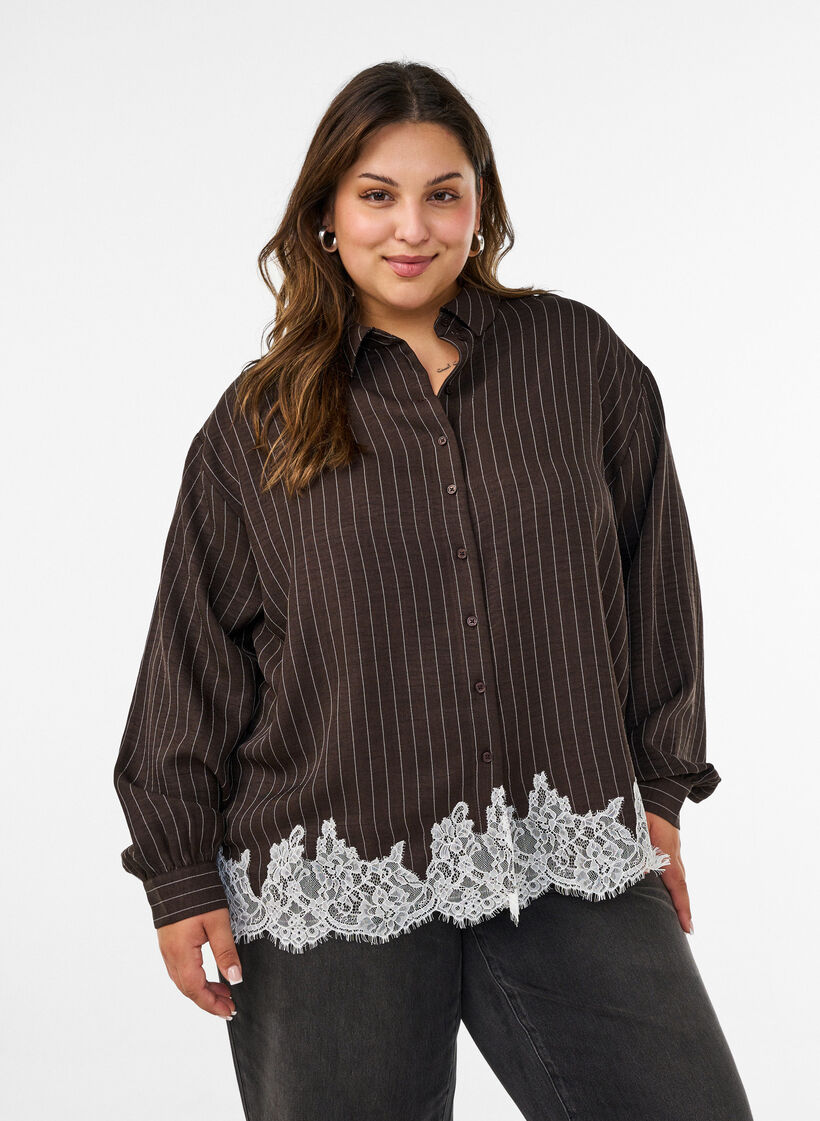 Pinstripe shirt with lace trim, Brown, Model image number 0