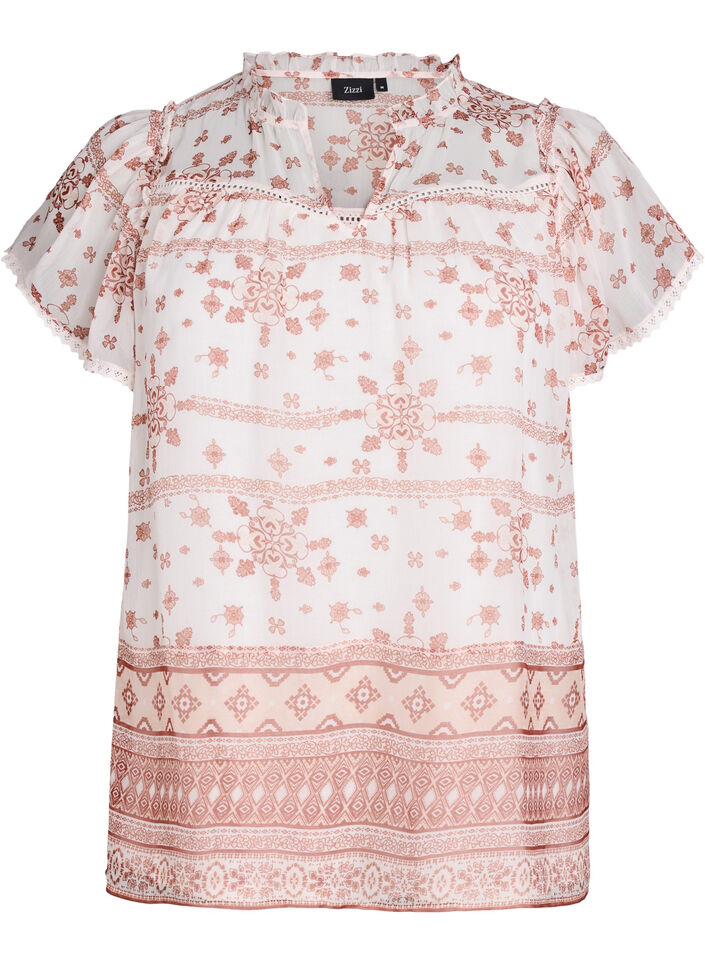 Patterned blouse with ruffle detailing and short sleeves, Vanilla, Packshot image number 0