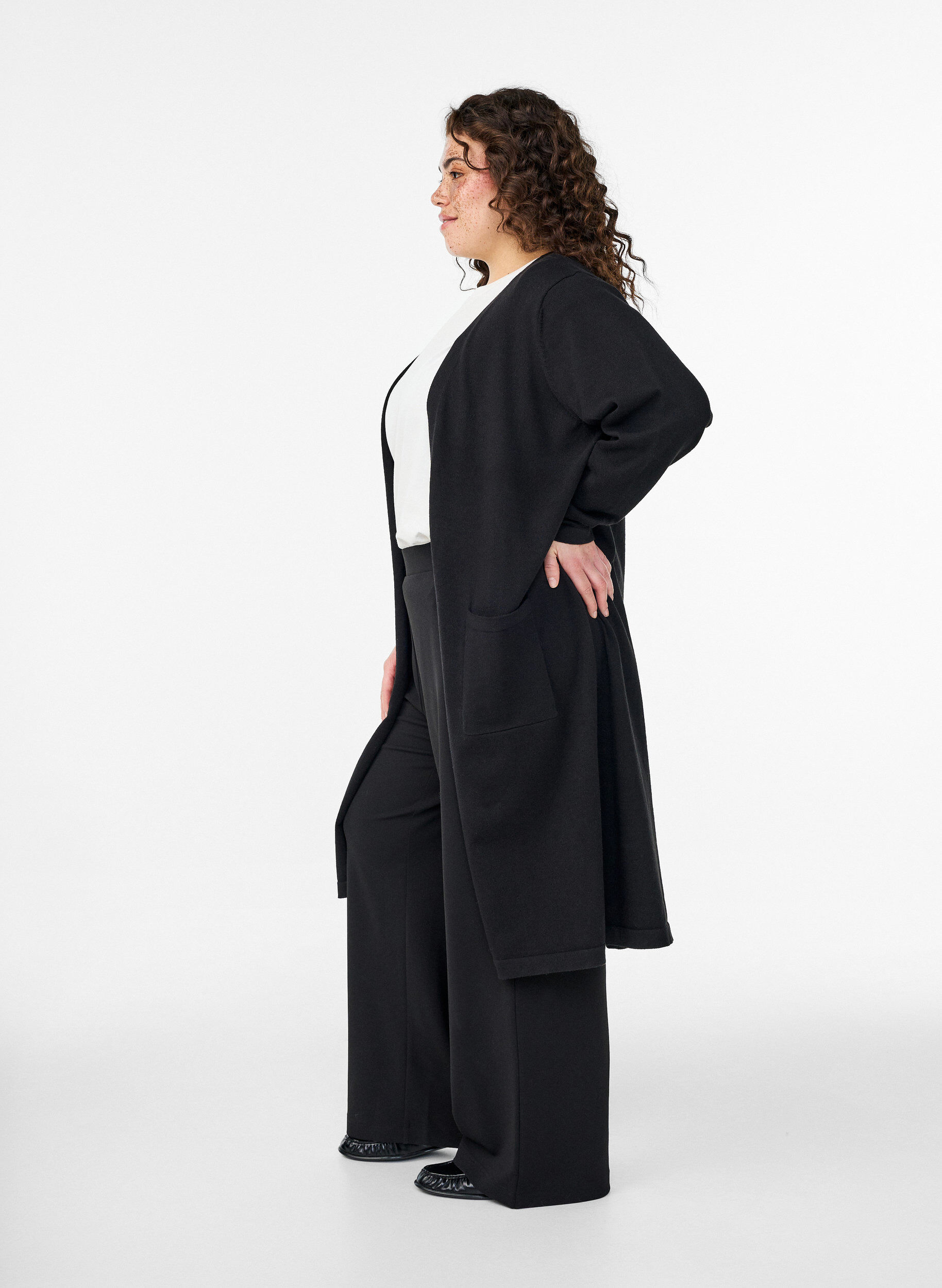 ZizzifashionLong, open cardigan with pockets, Black, Model image number 2