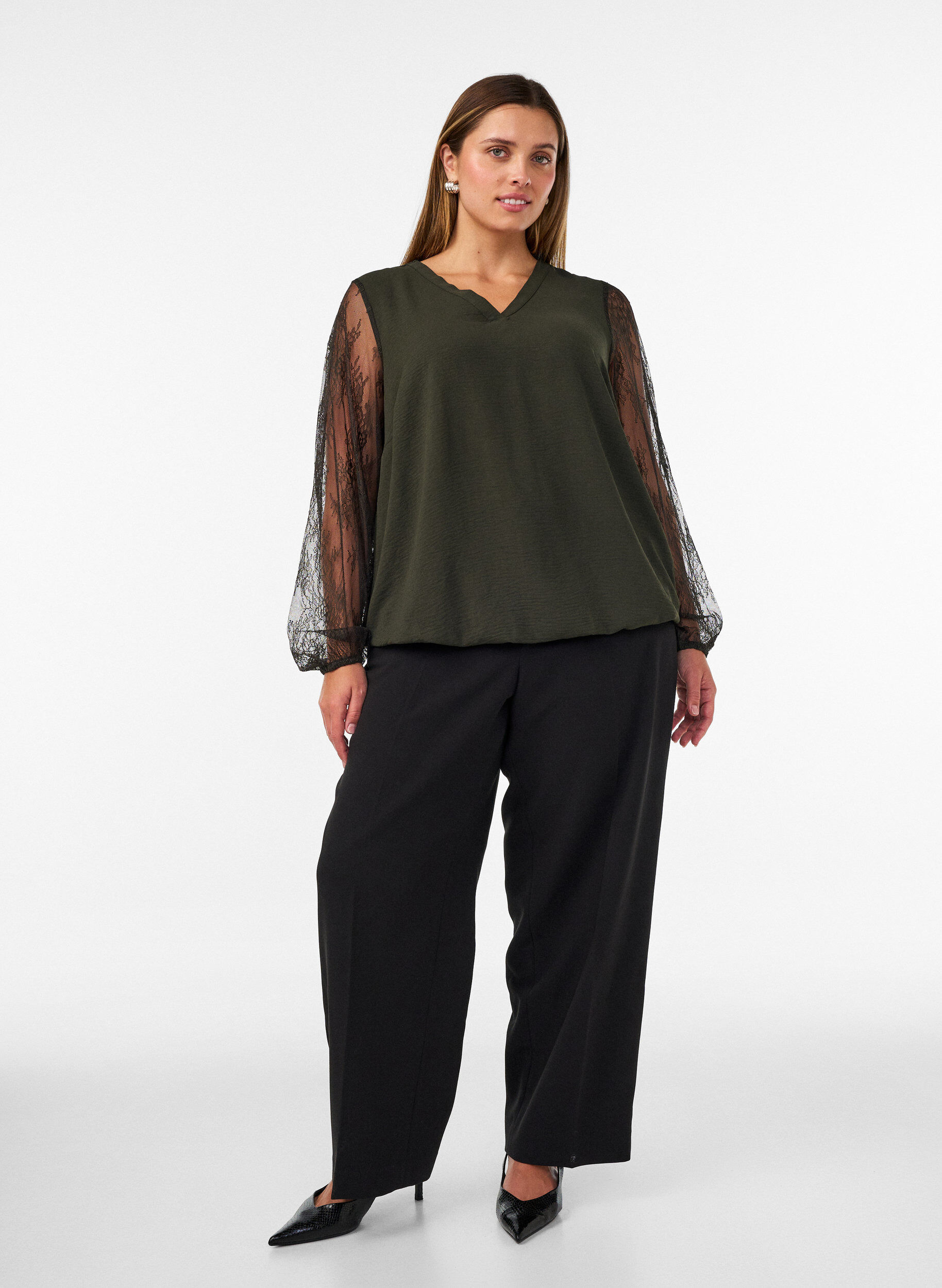 ZizzifashionBlouse with lace sleeves and balloon shape, Green, Model image number 1