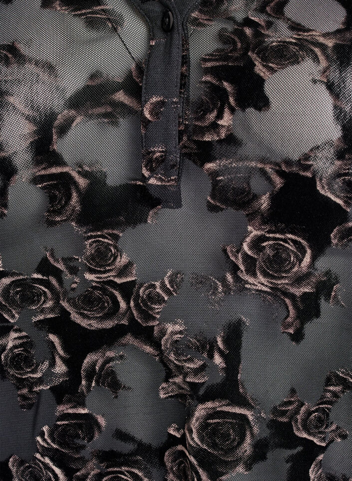 Mesh blouse with velour roses and 3/4 sleeves, Black, Packshot image number 2