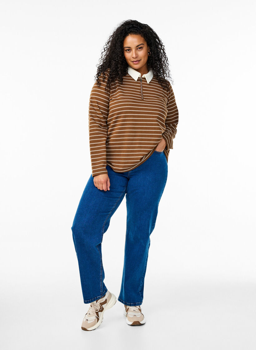 Striped polo shirt with zipper, Brown, Model image number 1
