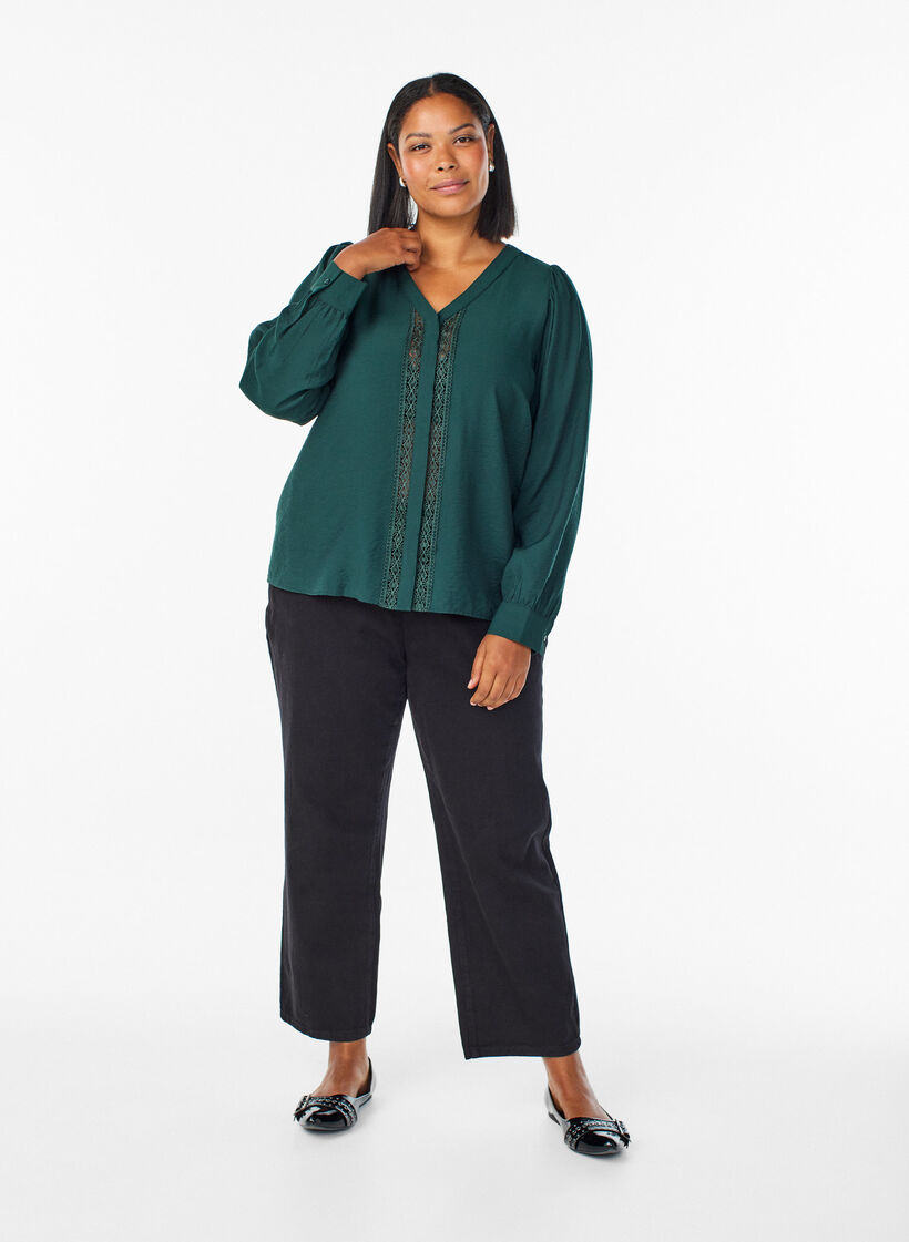 Blouse with V-neck and embroidered bands, Green, Model image number 1