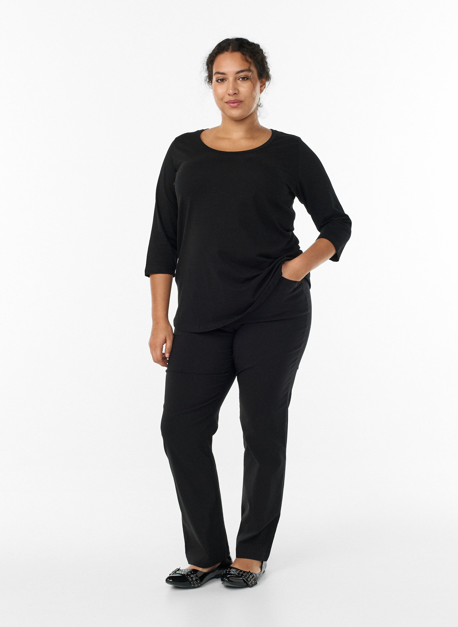 ZizzifashionBasic cotton t-shirt with 3/4 sleeves, Black, Model image number 1