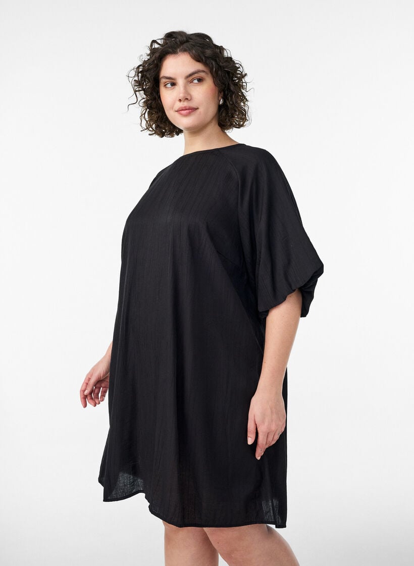 Short viscose dress with balloon sleeves, Black, Model image number 1