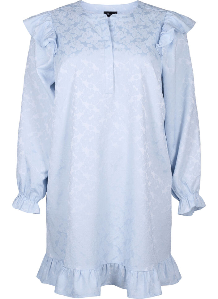 Jacquard dress with long sleeves and ruffle detail, Light Blue, Packshot image number 0