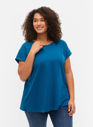 Short sleeved cotton blend t-shirt, Petrol Blue, Model image number 0