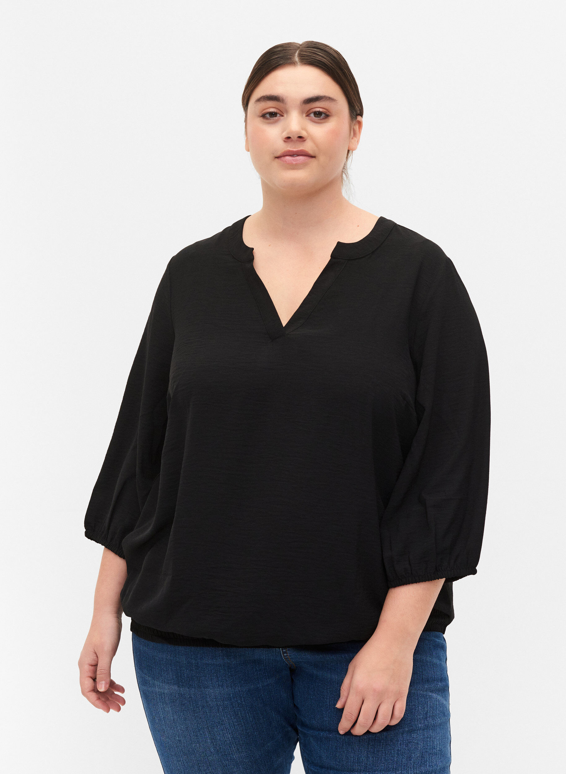 Zizzifashion Blouse with smock and 3/4 sleeves, Black, Model image number 0
