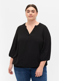 Blouse with smock and 3/4 sleeves, Black, Model