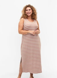 Sleeveless ribbed dress in viscose, Natural W. Stripe, Model