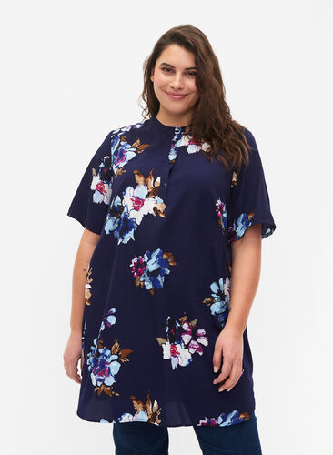 FLASH - Floral tunic with short sleeves, Big Blue Flower, Model image number 0