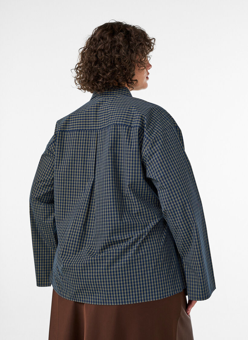 Cotton shirt with a checked pattern and concealed button fastening, Blue, Model image number 2