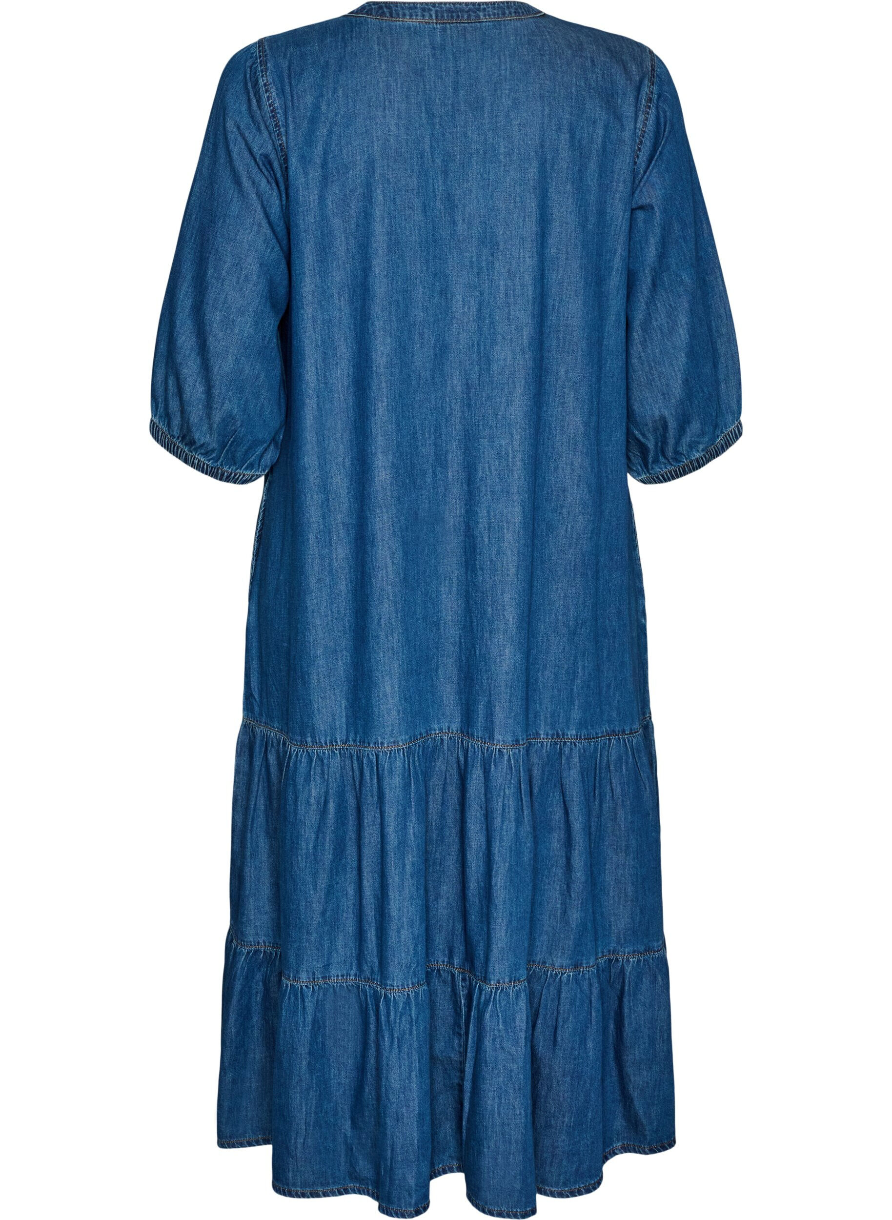 tiered denim maxi dress This tiered denim maxi dress features delicate ruffled details, exuding  effortless boho charm. Ideal for daily wear, it offers relaxed fit and  vintage-inspired beauty.