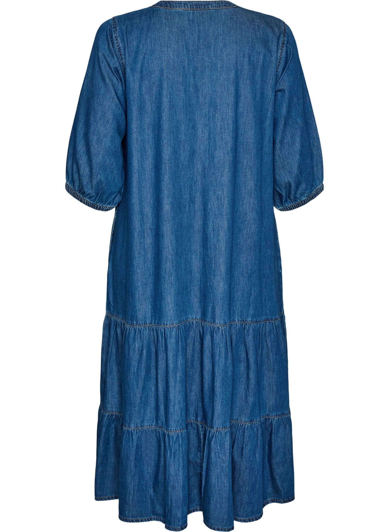 denim tiered smock dress ASOS DESIGN soft denim smock tiered mini dress in midwash blue