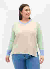Knitted blouse with colour block and v-neck, Pumice Stone Mel.Com, Model