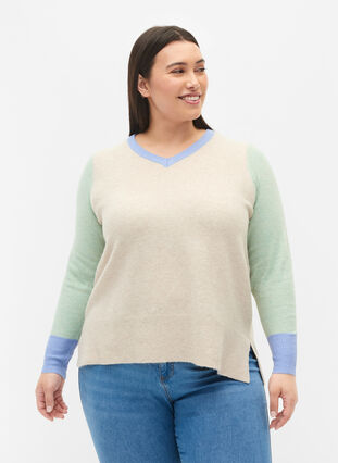 Knitted blouse with colour block and v-neck, Pumice Stone Mel.Com, Model image number 0