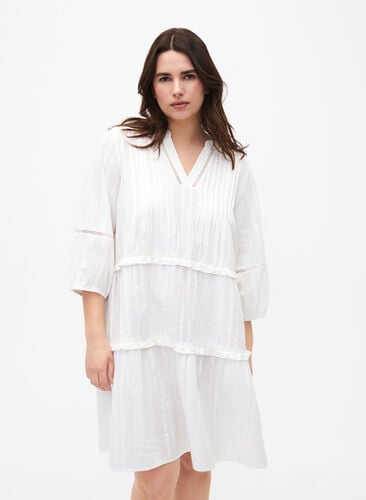 3/4 sleeve cotton dress with ruffles, Bright White, Model image number 0