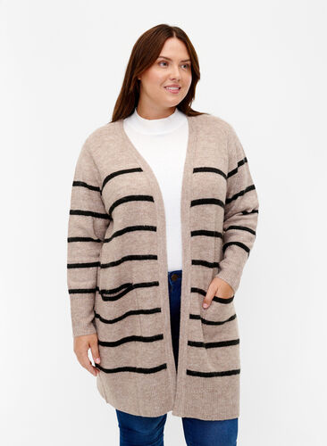 Striped knit cardigan, Simply Taupe Mel., Model image number 0
