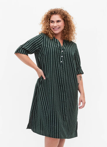 Striped cotton dress with 3/4 sleeves, Scarab/ChinoisStripe, Model image number 0