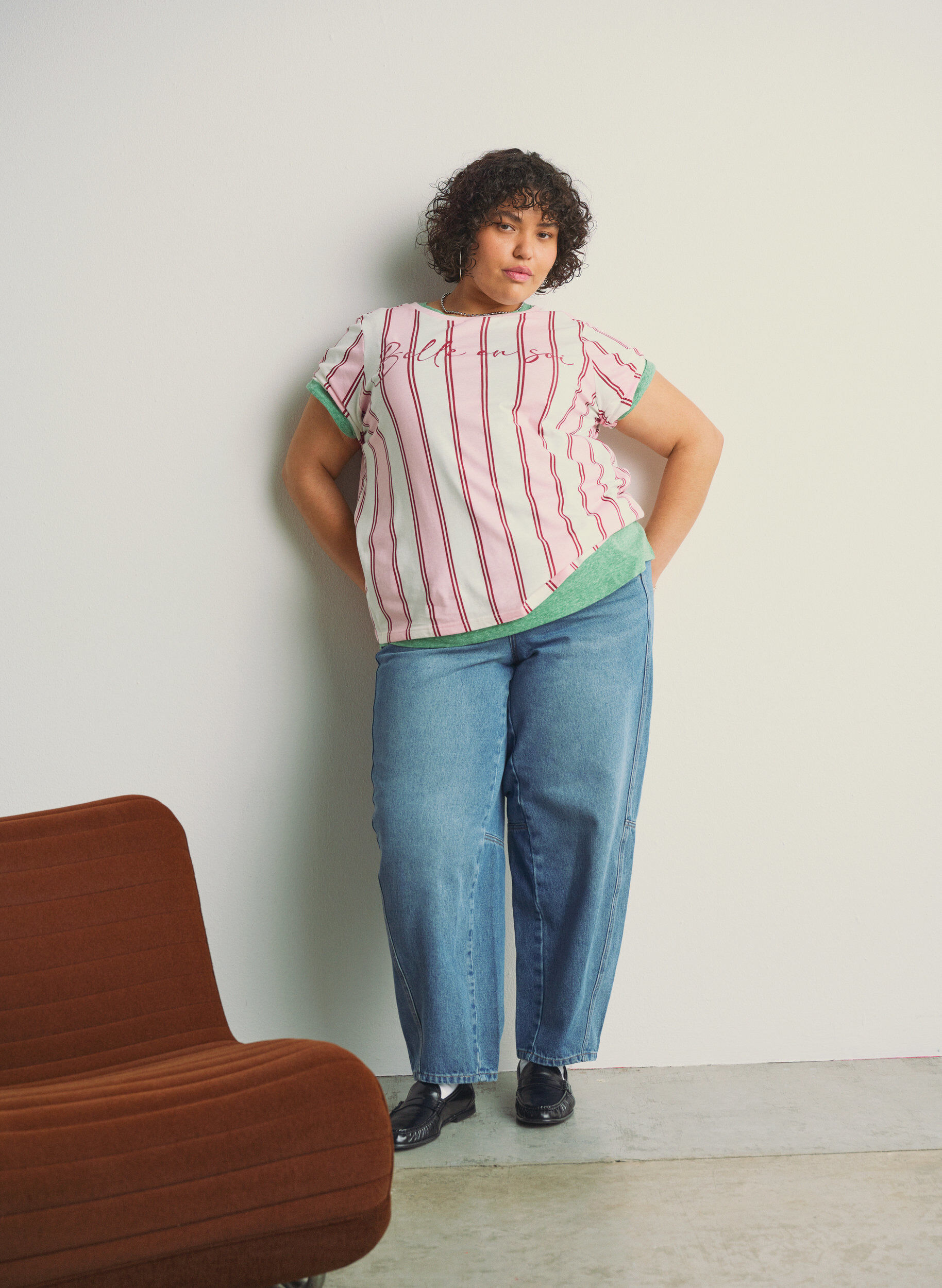 Zizzifashion T-shirt with stripes and text print, Rose, Image image number 0