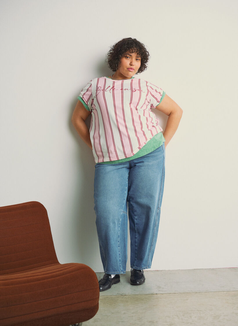 T-shirt with stripes and text print, Rose, Image image number 0