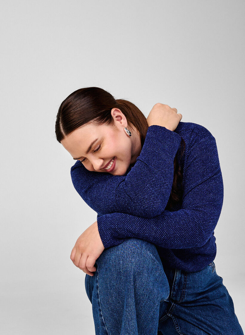 Melange blouse with round neck and long sleeves, Sodalite Blue, Image image number 0