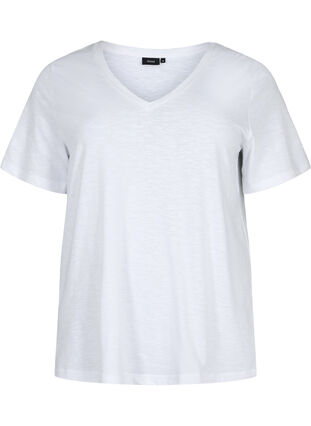 Short sleeve basic t-shirt with v-neck, Bright White, Packshot image number 0