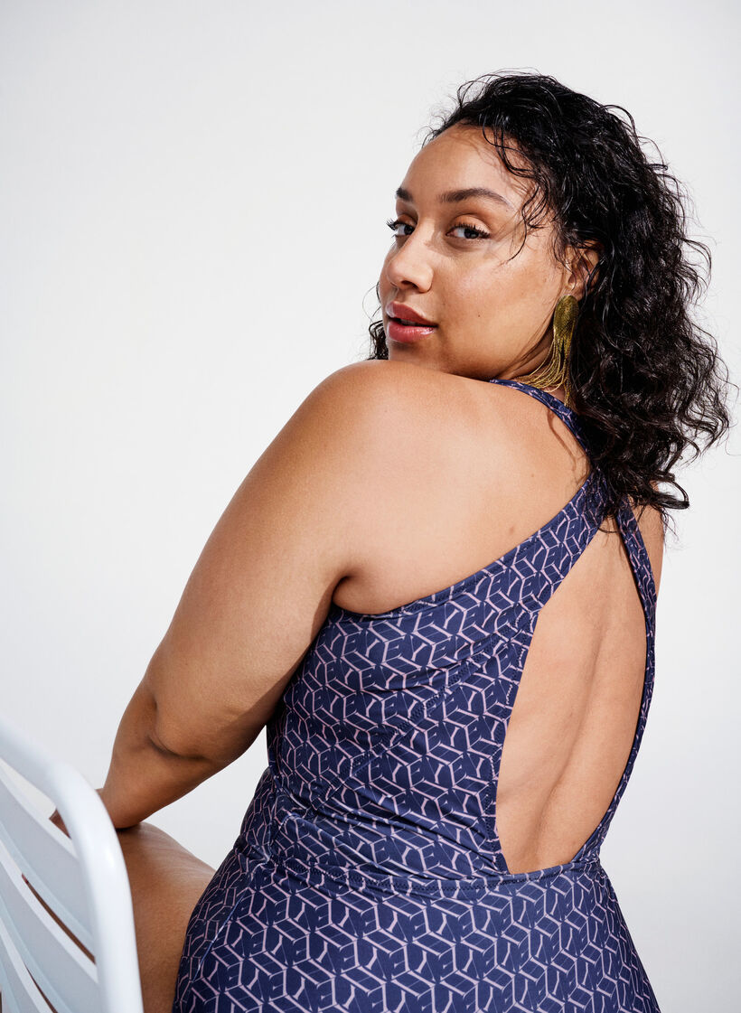 Swimsuit with print and crossed back, Text Print, Image image number 1